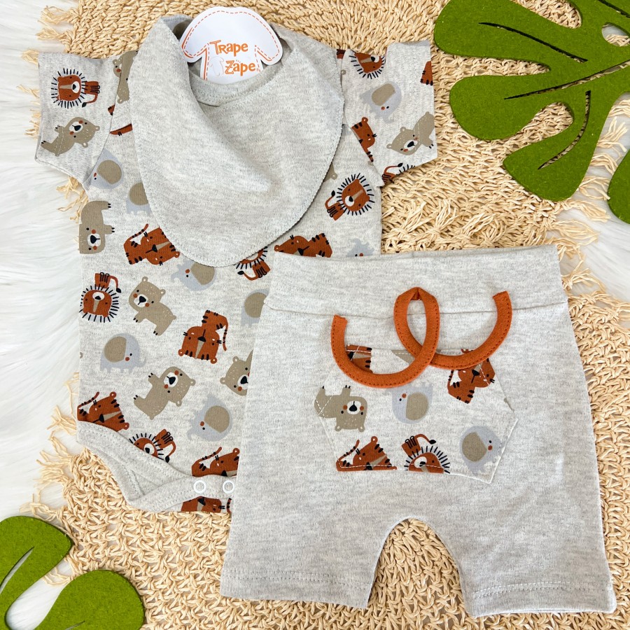 Conj. Body Manga Curta Safari, Shorts e Babador Bandana - Ferrugem e Mescla